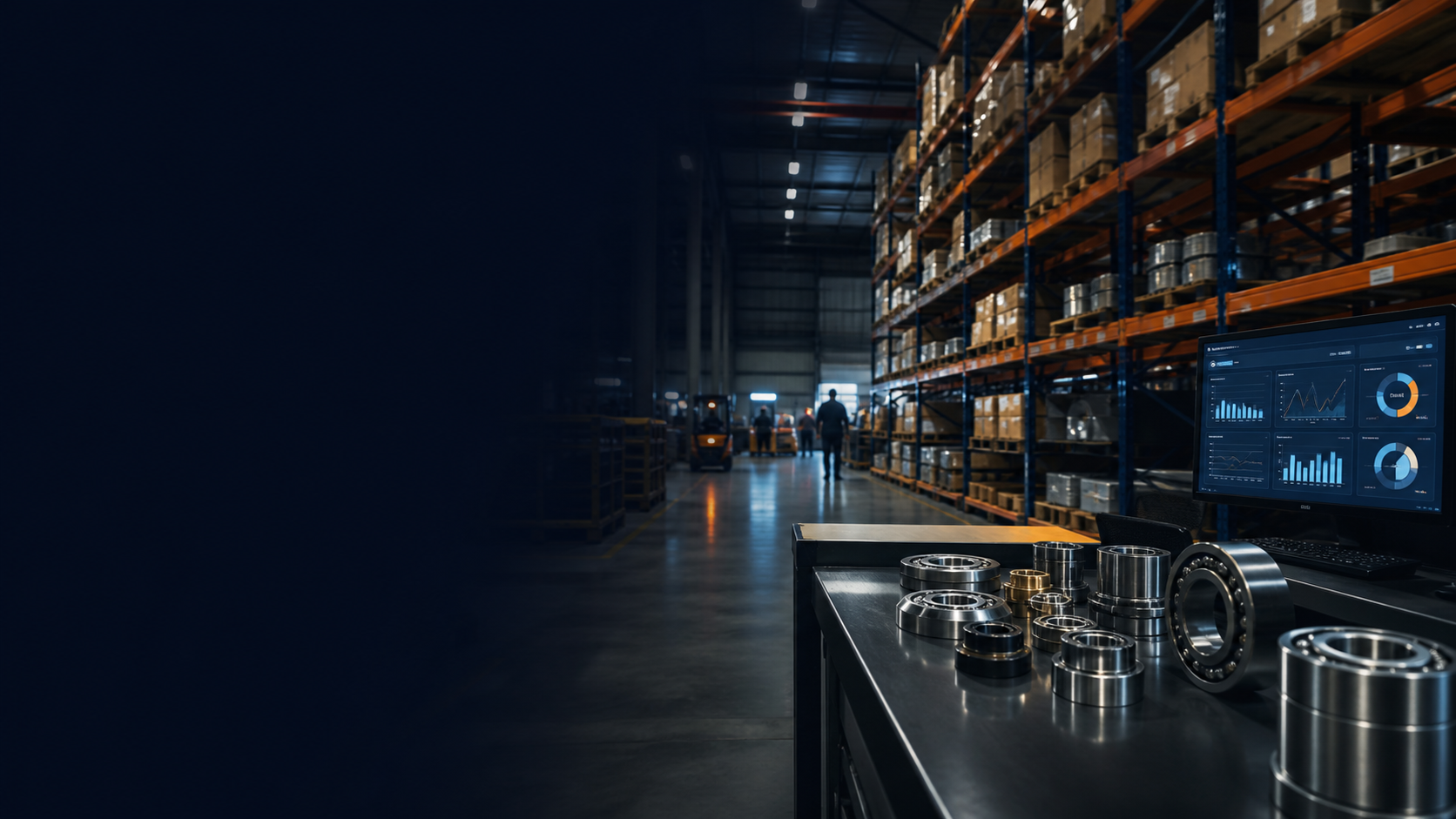 Centro de distribuição com peças industriais e painel de gestão