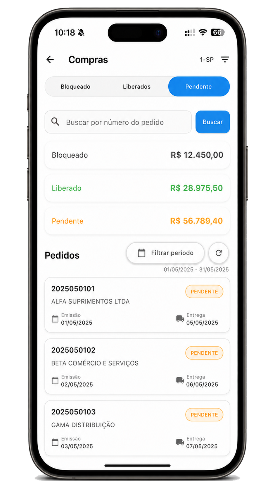 Tela demonstrativa do módulo Compras do APP DOGO, com dados fictícios.