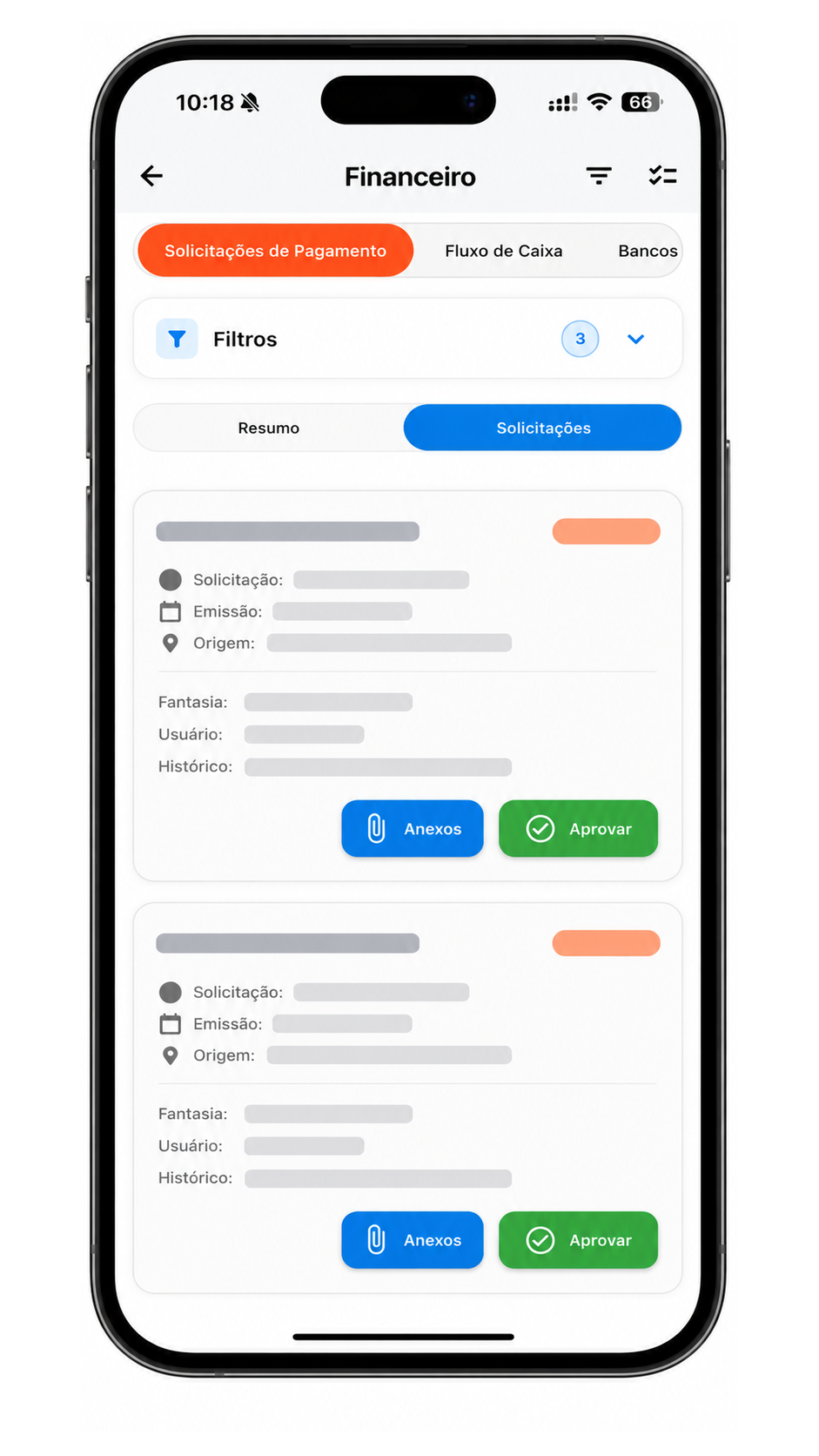 Tela demonstrativa do módulo Financeiro do APP DOGO, com dados fictícios.