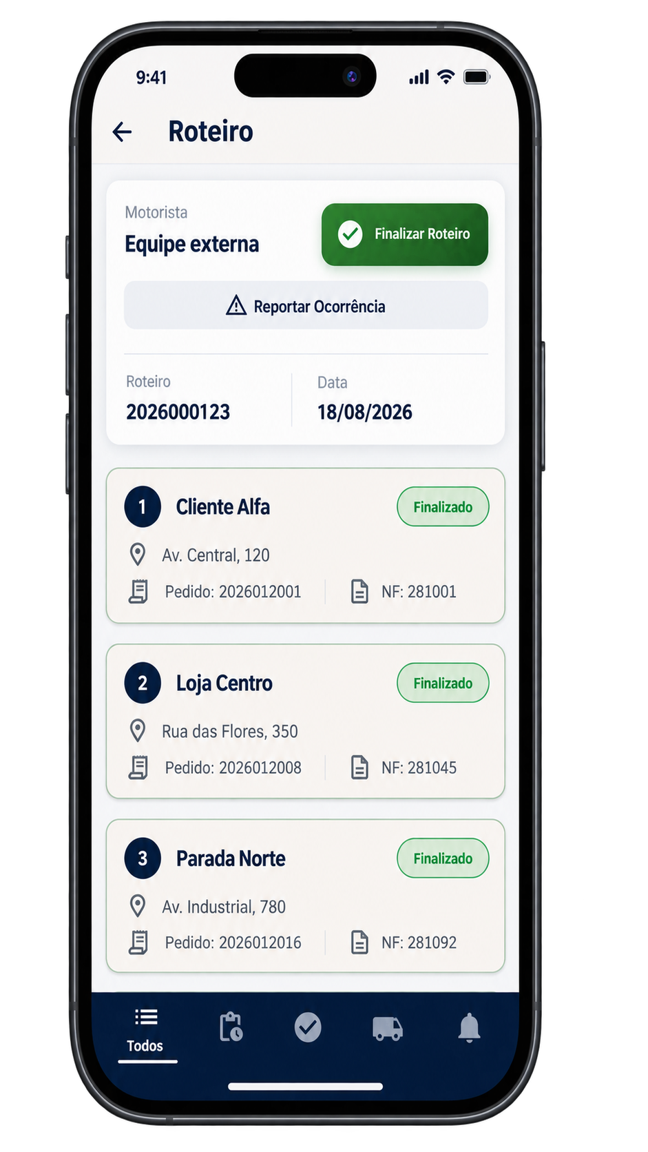 Tela demonstrativa do módulo Roteiro do APP DOGO, com dados fictícios.