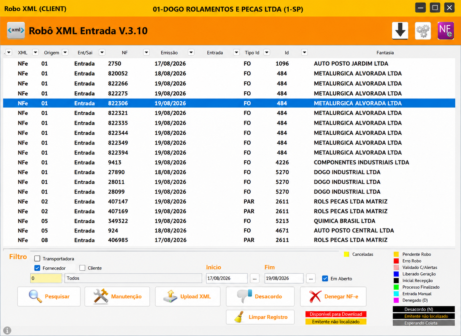 Tela demonstrativa do Robô XML listando documentos fiscais