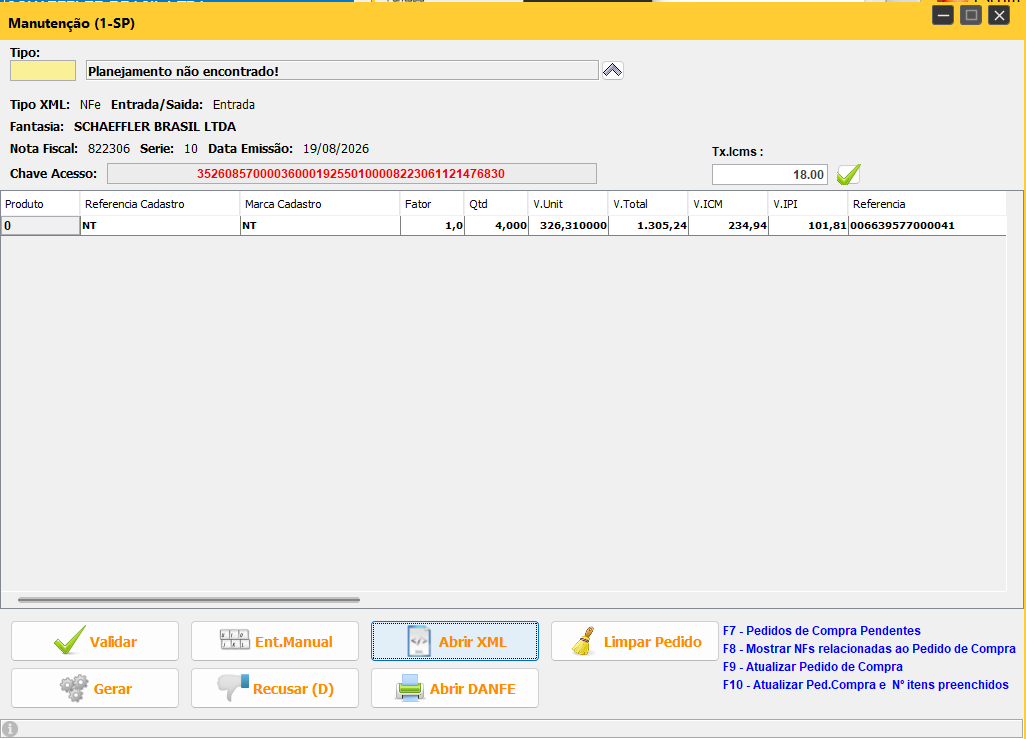 Tela demonstrativa de validação de uma nota no Robô XML