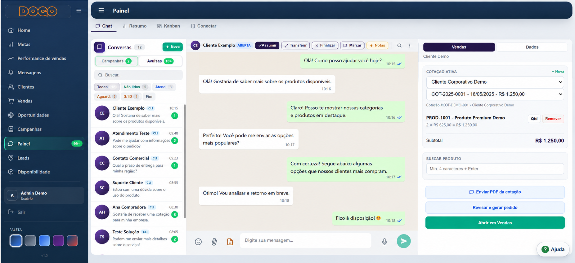 Tela demonstrativa de atendimento comercial, conversa e cotação